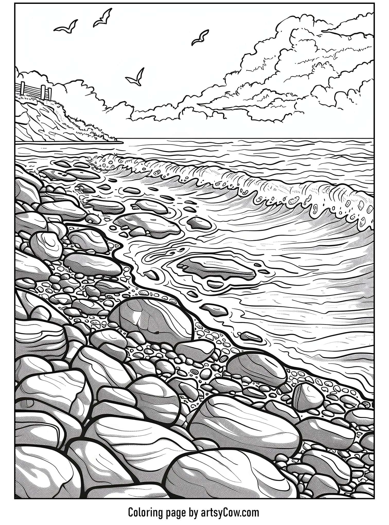 a rocky seashore with smooth stones and gentle waves under a cloudy sky, with birds flying overhead